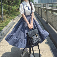 Women Skirt Preppy Style Strap Long Skirt Ruffles Loose Cute Student