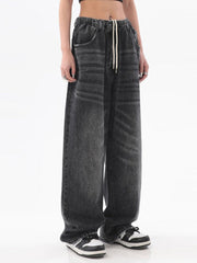 Women American Vintage Baggy Jeans Elastic Waist Oversized Long Trouser