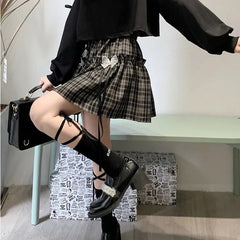 Kawaii Gothic Lolita Plaid Skirt Women Goth Bow Black High Waist A-line
