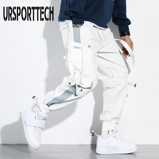 Hip Hop Joggers Men Letter Ribbons Cargo Pants Pockets Track Tactical Casual