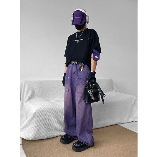 Summer Gradient Purple Vintage Jeans Fashion Pocket High Waist Baggy