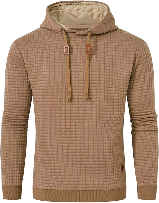 Men Hoodies Long Sleeve Plaid Jacquard Pullover Drawstring Solid Tracksuit