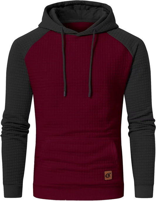 Men Hoodies Long Sleeve Plaid Jacquard Pullover Drawstring Kanga Pockets