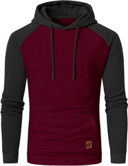 Men Hoodies Long Sleeve Plaid Jacquard Pullover Drawstring Kanga Pockets