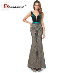 Evening wear Dresses: Black Velvet Mermaid Evening Night Dress for Women V Neck