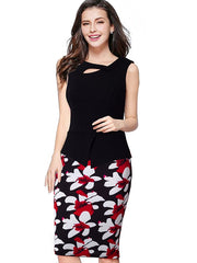 Nice-forever Autumn Print Floral Patchwork Button Casual Dress Business