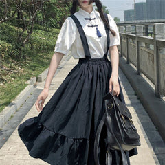 Women Skirt Preppy Style Strap Long Skirt Ruffles Loose Cute Student