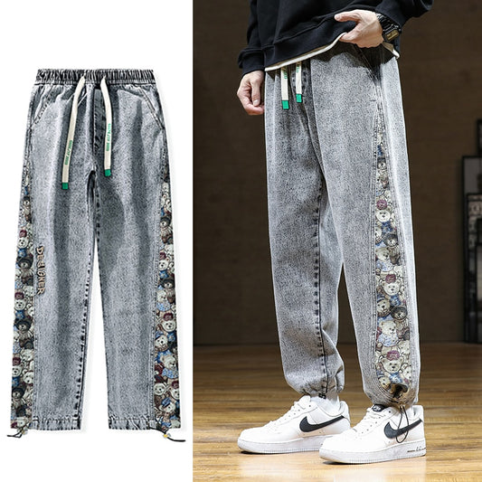 Men Jeans Baggy Pants Fashion Bear Patchwork Wide