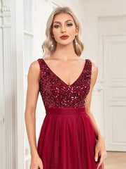 Evening wear Dresses: V-Neck Sleeveless Sequin Floor Length Evening Dress Red