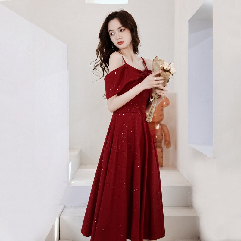 Evening wear Dresses: Women Prom Dresses Burgundy Spaghetti Strap
