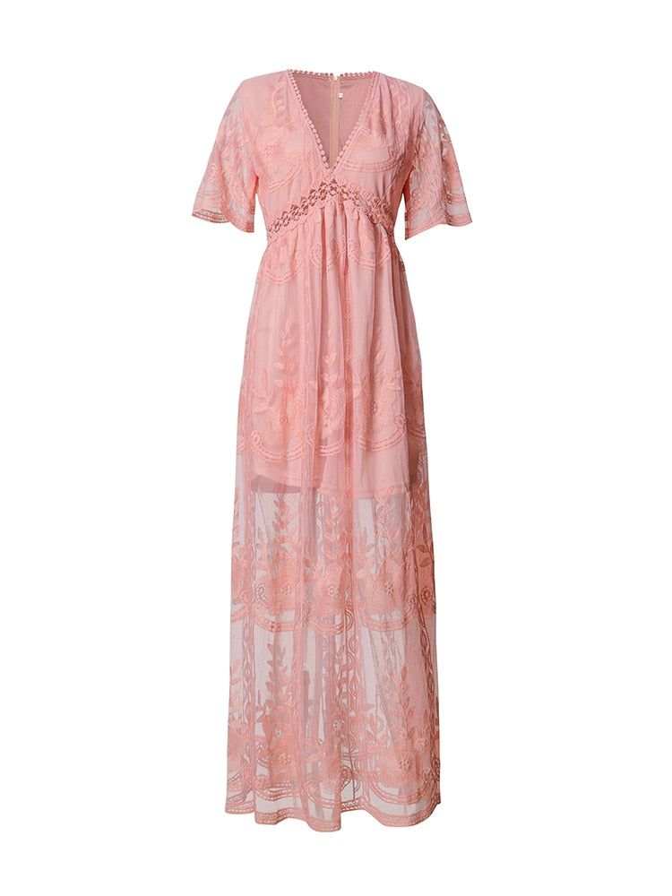 Summer Boho Women Maxi Dress Loose Embroidery White Lace long Tunic Beach Dress