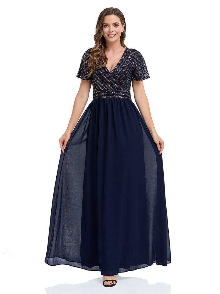 Homecoming Dresses: Women short sleeved V-neck Sequin stitched Chiffon A-line