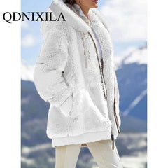 Spring and Autumn Loose Plush Zipper Hooded Jacket Women Coats