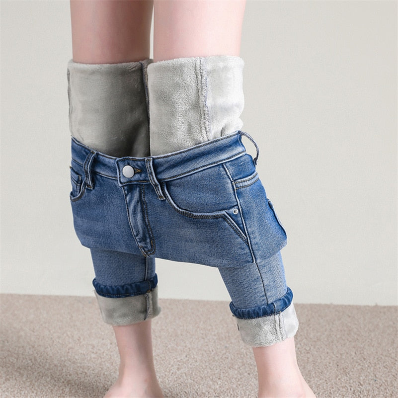 Women Thermal Jeans Winter Snow Warm Plush Stretch Jeans Lady Skinny