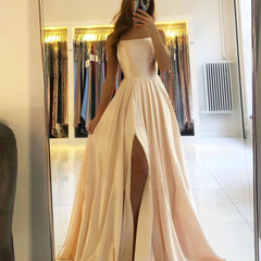 Homecoming Dresses: Prom Dress Spandex satin Slit Side Dress A-LINE Scoop Stretch