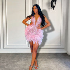 Homecoming Dresses: Sheer Neckline Women Cocktail Dress Pink Feather Black