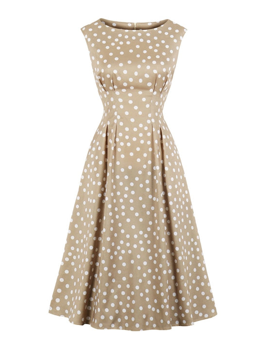 Tonval Khaki Color High Waist Elegant Polka Dot Women Vintage Long Dress