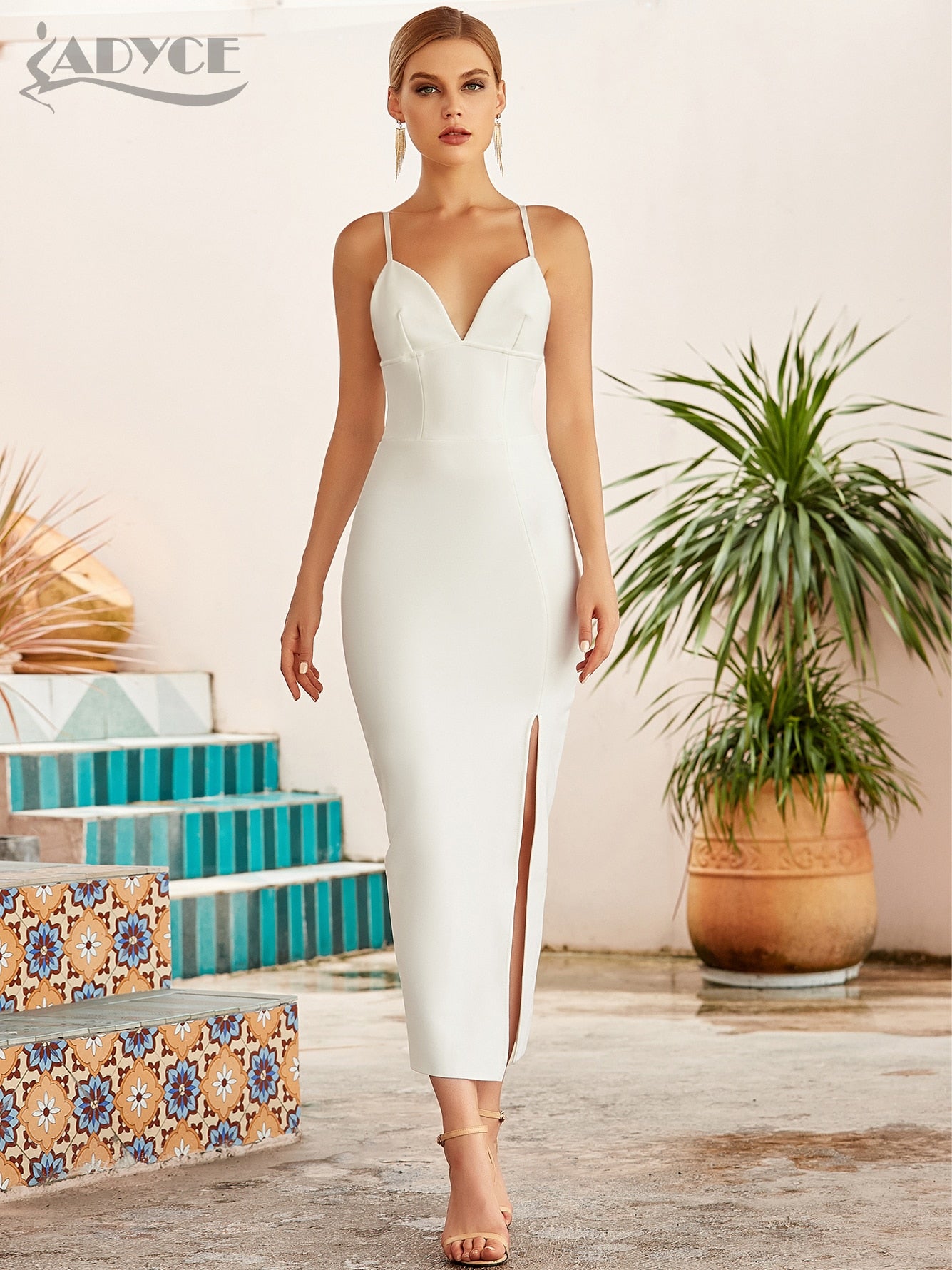 Summer Women White Bodycon Bandage Dress V Neck Spaghetti Strap