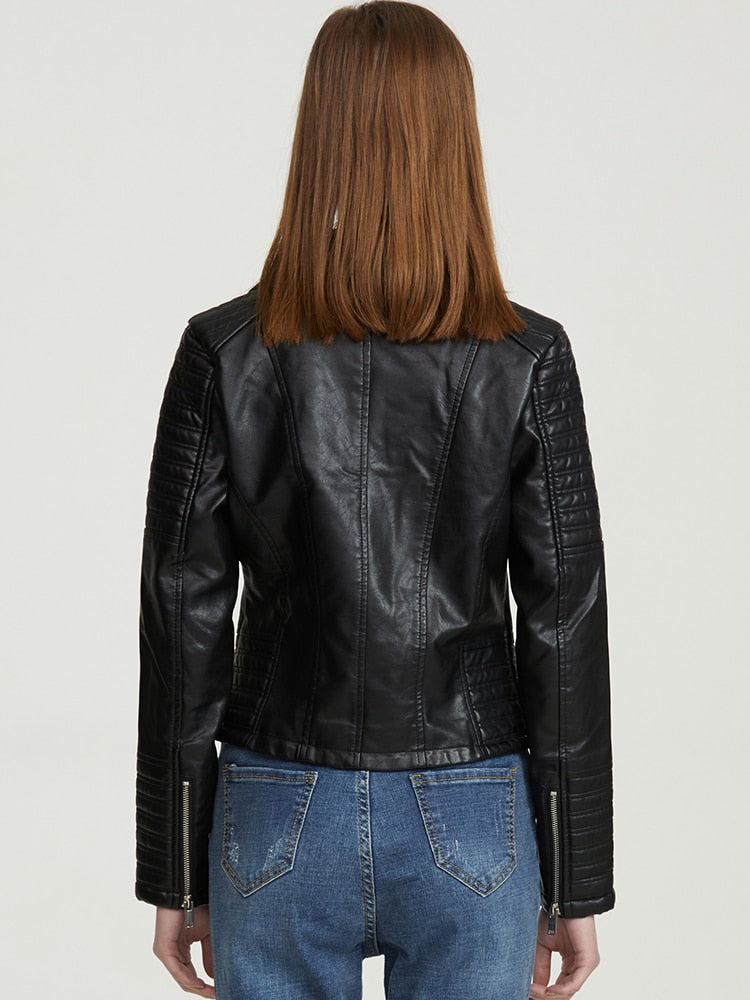 Leather Jacket Women Turndown Collar Pu Motorcycle Black Punk Coat