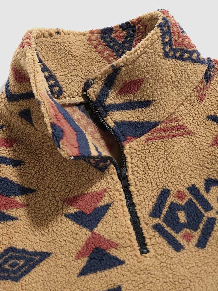 Hoodie for Men Fuzzy Faux Sherpa Zipper Sweatshirts Ethnic Print Fluffy