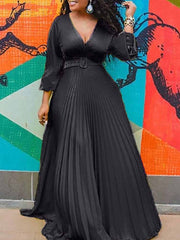 Birthday Maxi Dresses for Women Party Pleated Dress Long Sleeve Elegant Chiffon