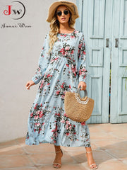 Elegant Floral Print Women Dress Spring Summer Casual O Neck Long Sleeve