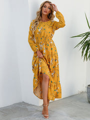 Elegant Floral Print Women Dress Spring Summer Casual O Neck Long Sleeve