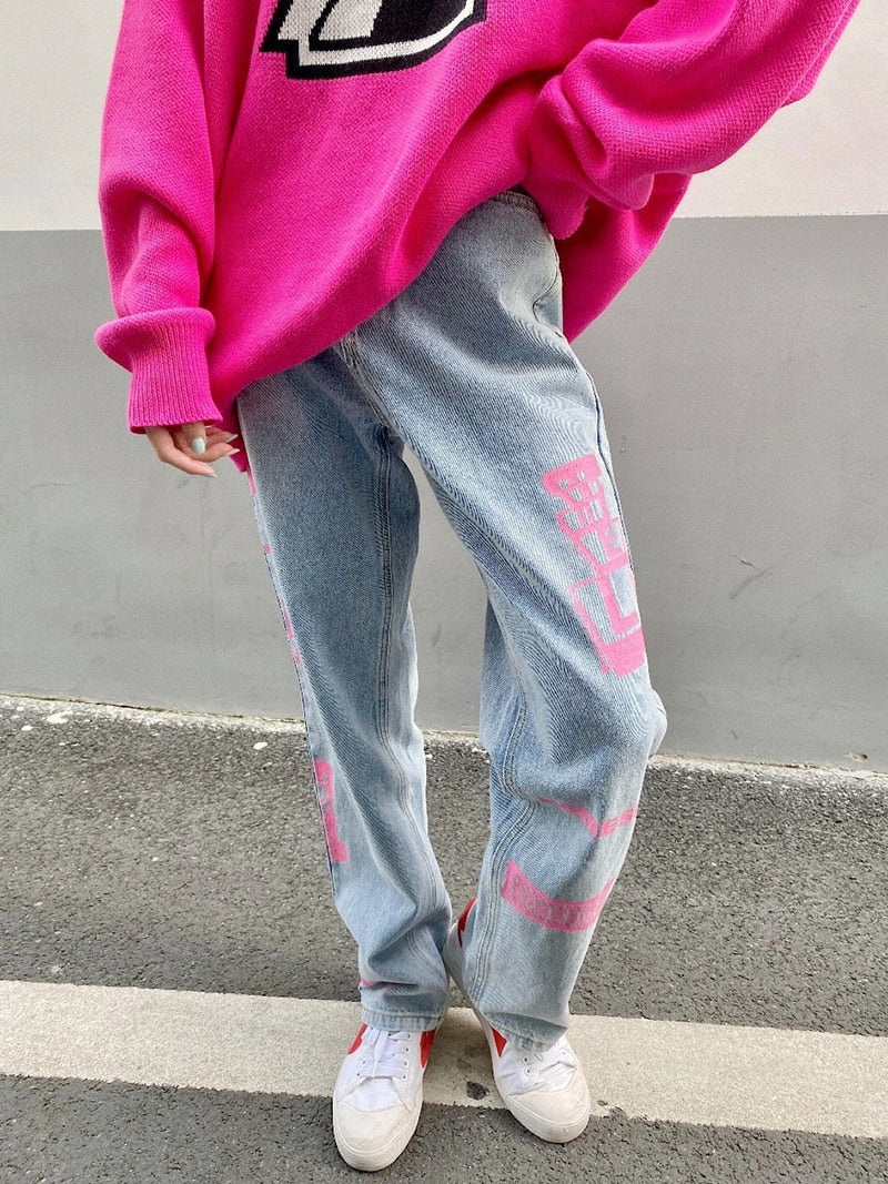 Y2k Jeans Women Graphic Pink Casual Pants Straight Wide Leg Trend
