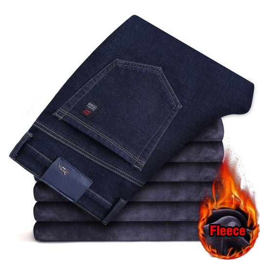 Men Fleece Warm Jeans Classic Style Business Casual