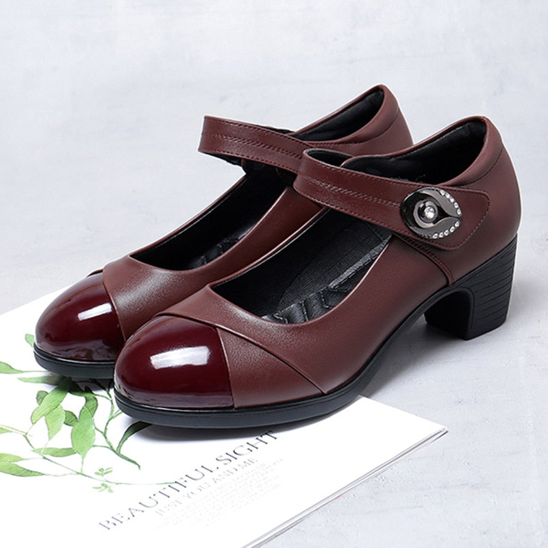 Womens Comfortable Heels: Crystal Button Med Heels Mary Janes Women Comfort Soft
