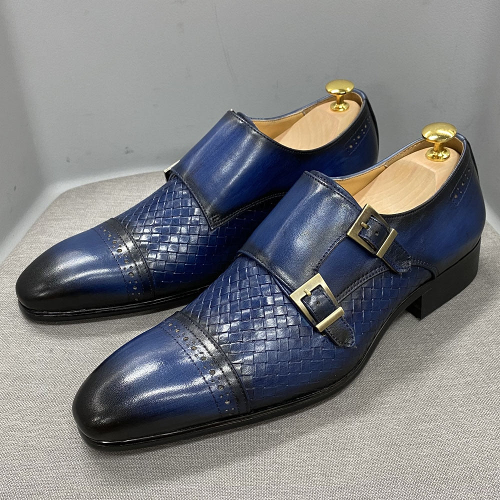 Luxury Classic Mens Wedding Dress Shoes Black Blue Real Leather Monk