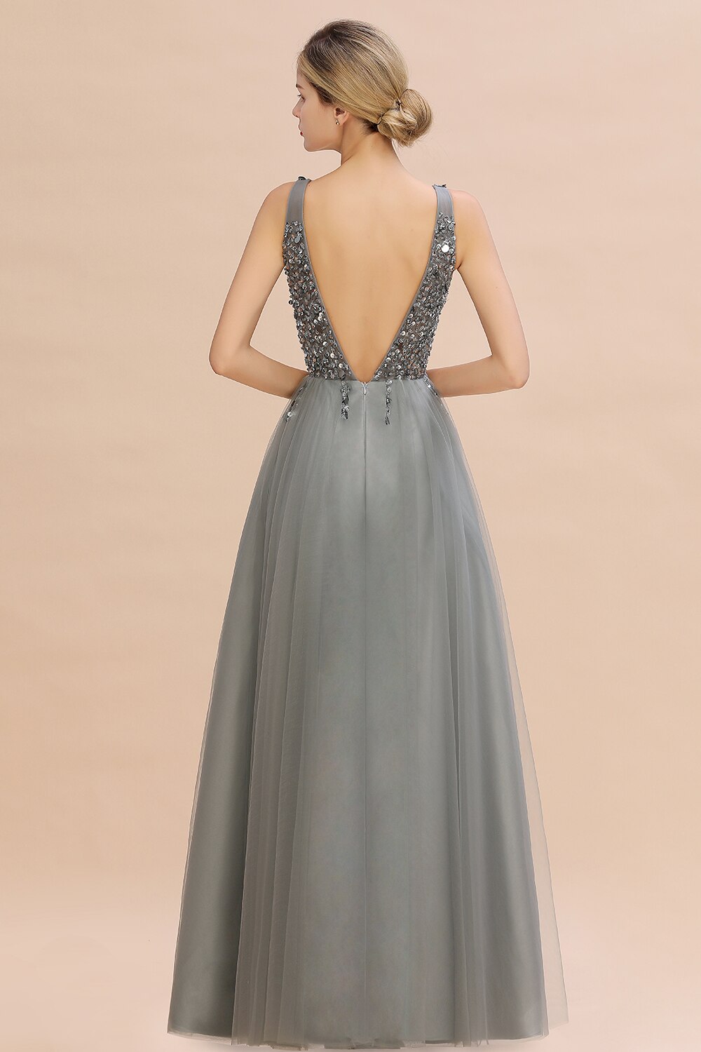Homecoming Dresses: Deep V Neck Prom Dresses Sequins Beads Tulle Evening Dress