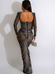Homecoming Dresses: Rhinestone Crystal Patchwork Maxi Dress Gown
