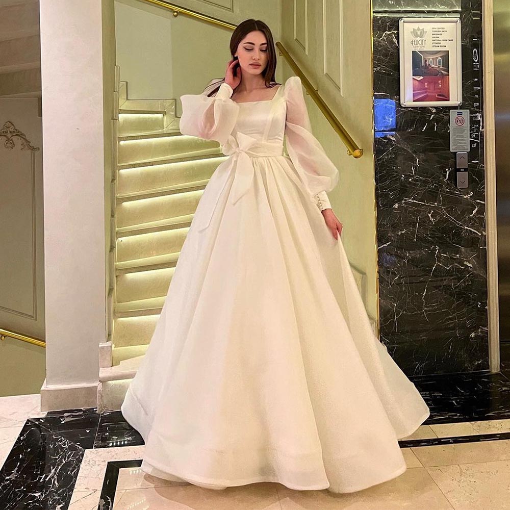 White Bridesmaid Dresses: Wedding Dresses with Bow Long Sleeves Square Collar