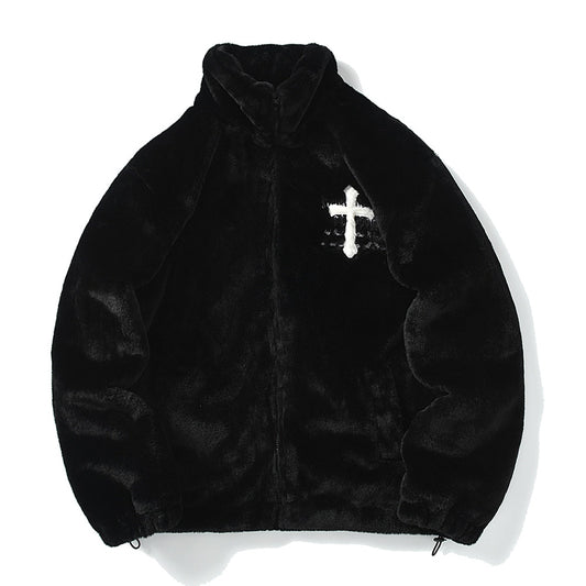 Men Rabbit Fur Jacket Coats Hip Hop Cross Letters Winter Fleece Jacket