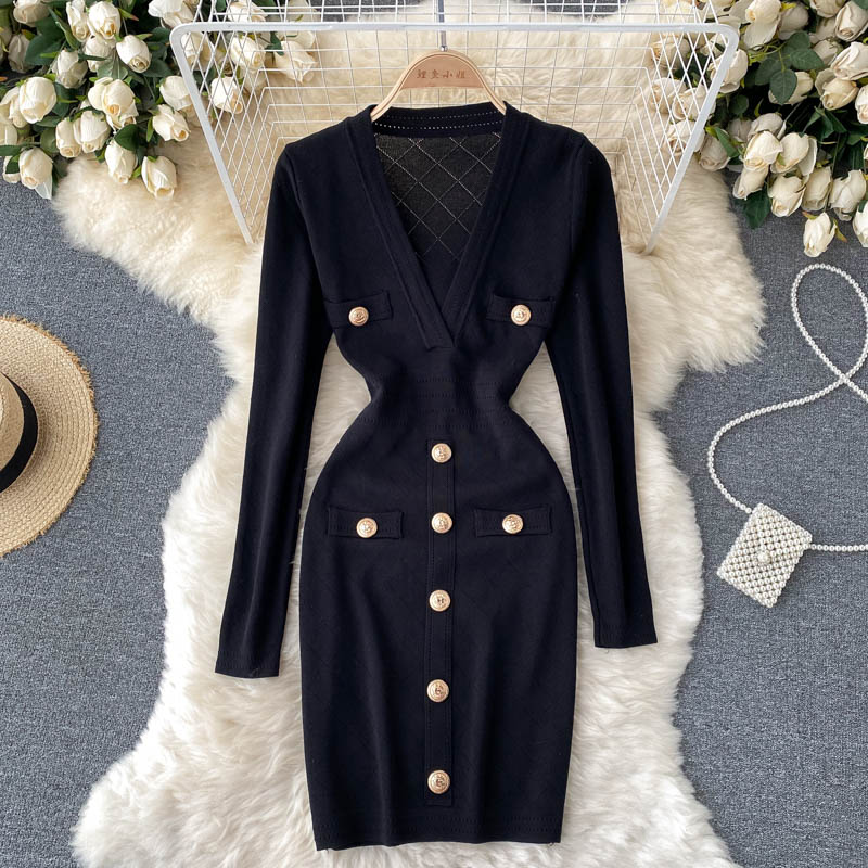 Women Knitted Pencil Dress Korean Long Sleeve V Neck Elastic Slim Dress