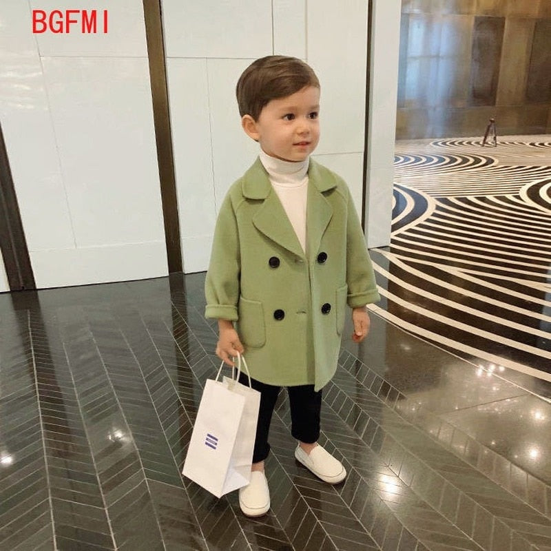 Winter Grid Jackets Boys Girl Woolen Double-breasted Baby Boy Trench Coat Lapel