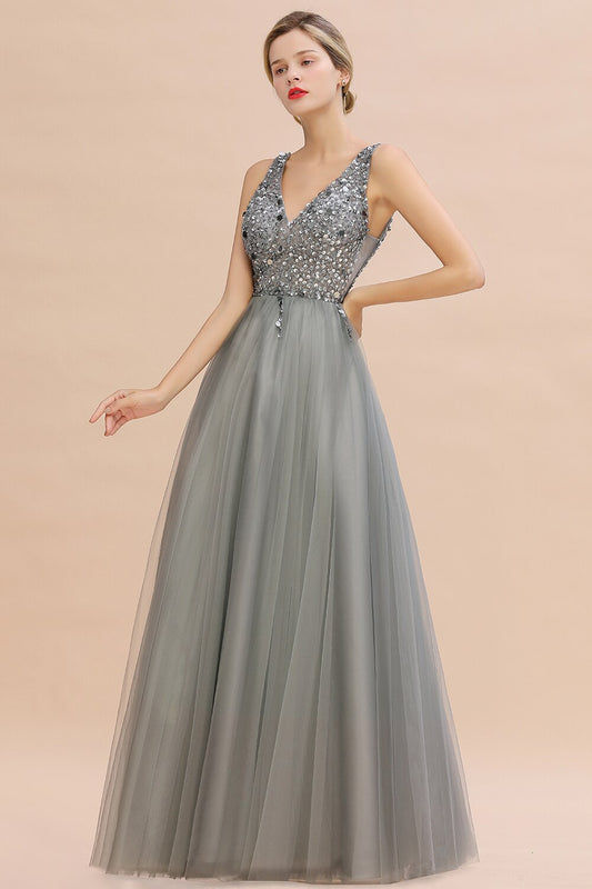 Homecoming Dresses: Deep V Neck Prom Dresses Sequins Beads Tulle Evening Dress