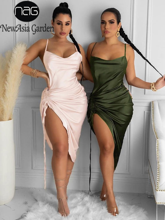 Dress Drawstring Spaghetti Straps Cowl Neck Backless Long Dresses for Women Party