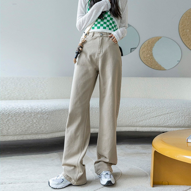 Green Women Jeans High Waist Loose Straight Leg Femme Jean