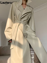 Spring Autumn Long Faux Leather Trench Coat for Women Belt Double