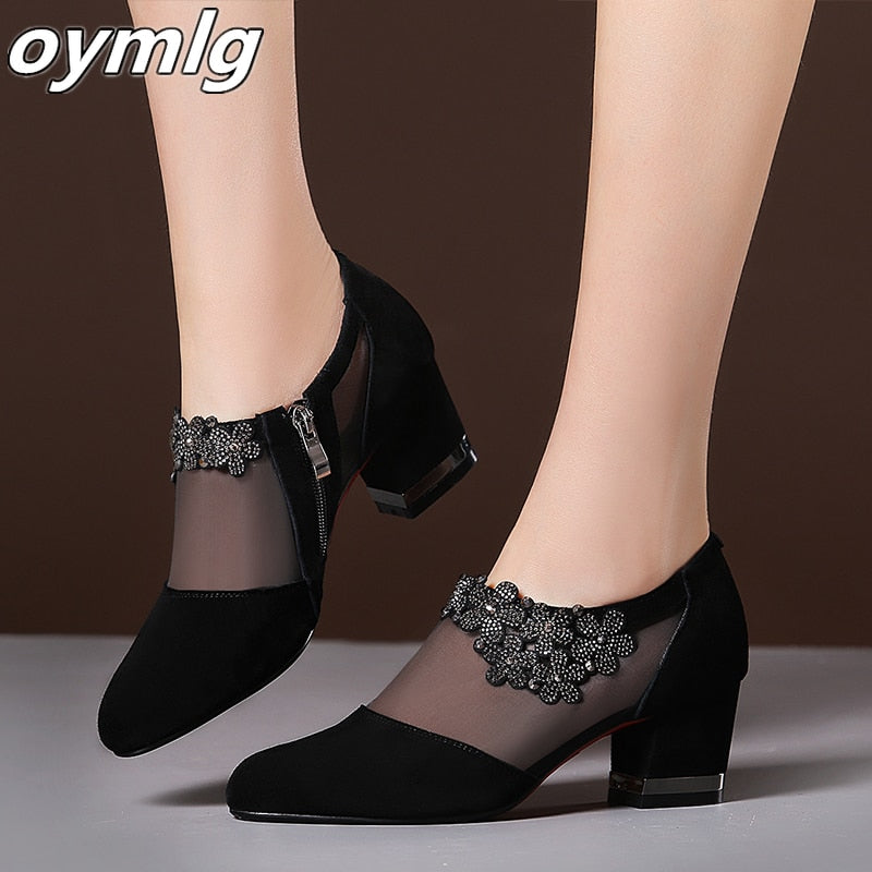 Summer Women High Heel Shoes Mesh Breathable Pumps Zip Pointed Toe Thick