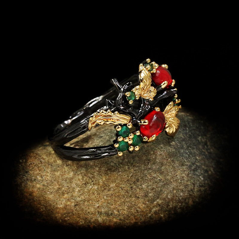 Exquisite Leaf Flower Color Zircon Ladies Women Ring Jewelry Black Gold