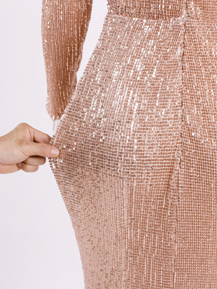 Elegant O Neck Long Sleeve Sequin Maxi Dress Floor Length Stretchy Bodycon
