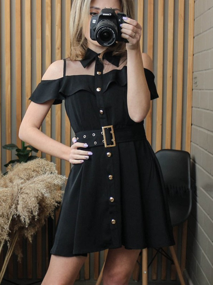 Single Breasted Women Summer Dress Sweet Chic Black