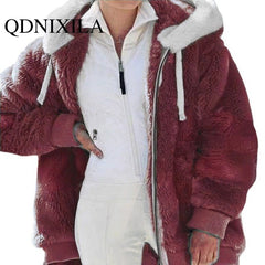 Spring and Autumn Loose Plush Zipper Hooded Jacket Women Coats