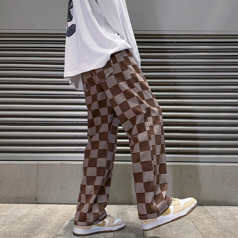 Men Brown Check Print Baggy Jeans Korean Fashion