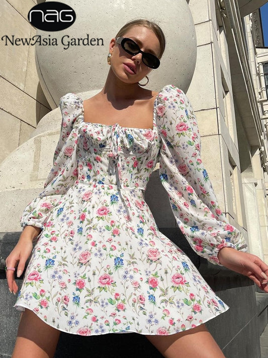 Floral Dress Women Lantern Long Sleeve Ruched Print A Line Square Neck Tie up