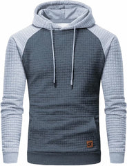 Men Hoodies Long Sleeve Plaid Jacquard Pullover Drawstring Kanga Pockets