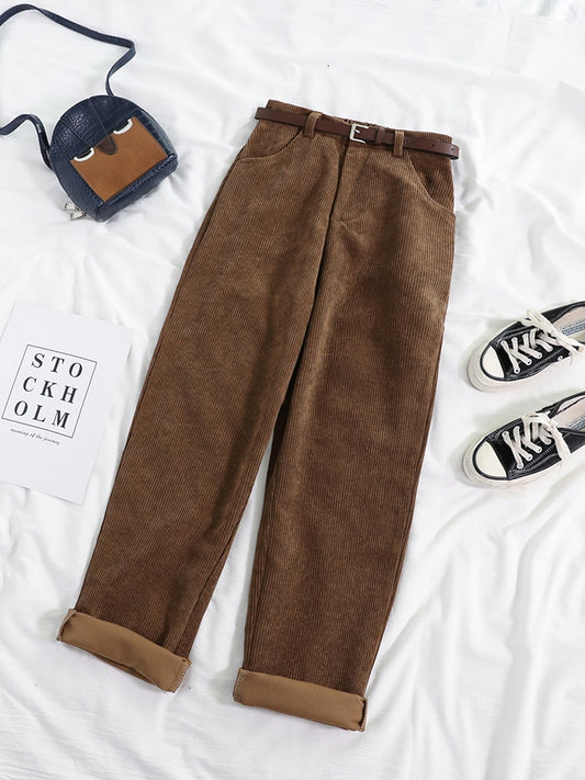 Women Spring Corduroy Pants High Waist Autumn Vintage Korean Casual